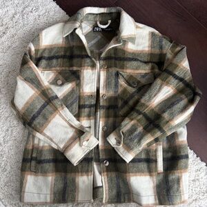 Zara Plaid Checkered Shirt Jacket - Olive and Beige